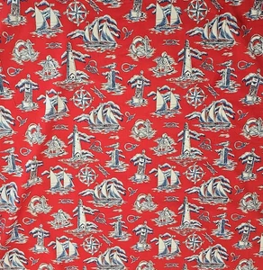 Town Toiles Red Blue White Nautical Sailboat Lighthouse Rope Decor Fabric 6.3yds - Picture 1 of 3