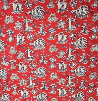 Town Toiles Red Blue White Nautical Sailboat Lighthouse Rope Decor Fabric 6.3yds - Image 1 of 3