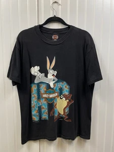 Vintage 90s Harley Davidson Looney Tunes Tshirt Men’s Large Black Bugs Bunny Taz - Foto 1 di 7