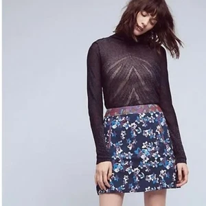 Maeve Anthropologie Cardana Size 0 Blue Jacquard Floral Mini Skirt Y2K Style  - Picture 1 of 13