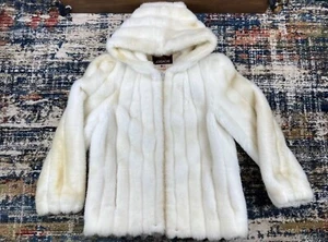 Vtg Jordache Fur Coat Lined Womens Sz 9/10 USA Made White Ivory Hooded - Picture 1 of 17