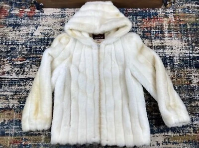 Vtg Jordache Fur Coat Lined Womens Sz 9/10 USA Made White Ivory Hooded - Image 1 of 4