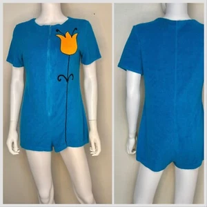 Vintage 1960s Aqua Terrycloth Romper Orange Floral Appliqué 60s Shorts Beach Mod - Picture 1 of 6