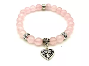 Pink Quartz Gemstone Bracelet Siver Love Heart Charm Handmade Gift Women & Men - Picture 1 of 4
