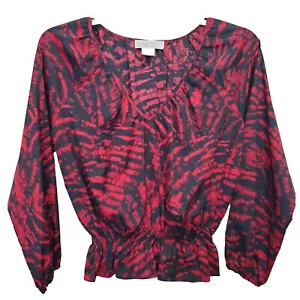 Michael Kors Red Abstract Print Smocked Waist V-Neck Long Sleeve Blouse Petite L - Picture 1 of 6