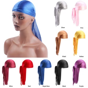 Fashion Men Women Bandana Durag Headwear Long Tail Soft Silk Pirate Cap Wrap Hat - Picture 1 of 21