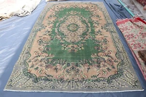 Green Beige Rug 6'0x9'6 ft Floral Medallion Rug, Turkmen Hand Knotted Serapi Rug - Picture 1 of 16