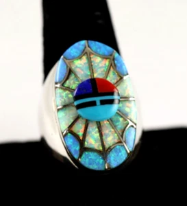 Inlaid Opal Turquoise .925 Sterling Silver Ring Size 10.5 Zuni Sun Face - Picture 1 of 6