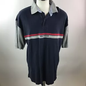 Camisa Polo TOMMY HILFIGER De Colección Spellout Gris Azul Rayas Manga Corta Para Hombre XXL - Imagen 1 de 9