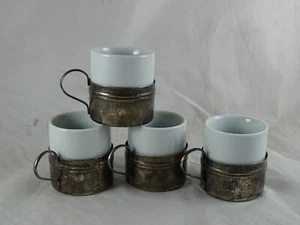 Set of 4 Espresso Demitasse Porcelain Cups And Silver Plate Holders Unmarked - Picture 1 of 13