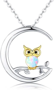 925 Sterling Silver Opal Owl Necklace Crescent Moon Pendant Jewelry for Women - Picture 1 of 5