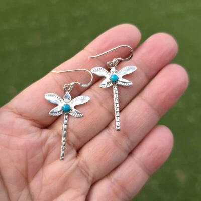 Navajo Handmade Shiny Sterling Silver Turquoise Dragonfly Drop Earrings Cute - Image 1 of 4