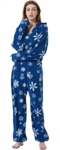 One Piece Fleece Hooded Pajamas Unisex Large Christmas Snowflake Blue NEW - Picture 1 of 5