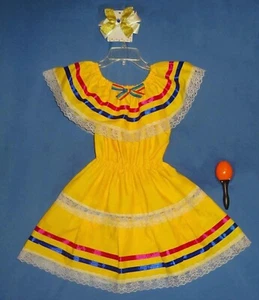 Mexican dress girls 3-4-5-Cinco de Mayo costume-folk-peasant-hairbow-maraca-LOT - Picture 1 of 6