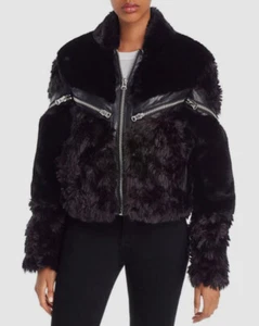 $1184 The Kooples Women's Black Curly Zip Faux Fur Moto Jacket Coat Size 3/L - Picture 1 of 3