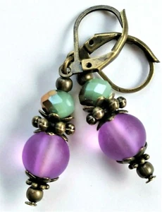 Frosted LAVENDER & MINT GREEN Crystal earring Bronze HANDCRAFTED XX - Picture 1 of 3