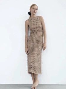 ZARA WOMAN SS23 GOLDEN OPEN-KNIT METALLIC THREAD DRESS SIZE S REF:9598/028 BNWT - Picture 1 of 7