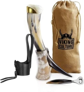 Viking Culture 16 Oz. Viking Drinking Horn W/ Beer Opener Stand Genuine Leather - Picture 1 of 7