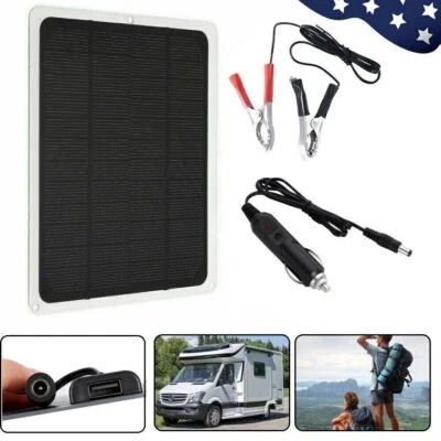 10W Solar Panel 12V Trickle Battery Charger Kit Maintainer Boat RV Car Vehicle - Image 1 of 4