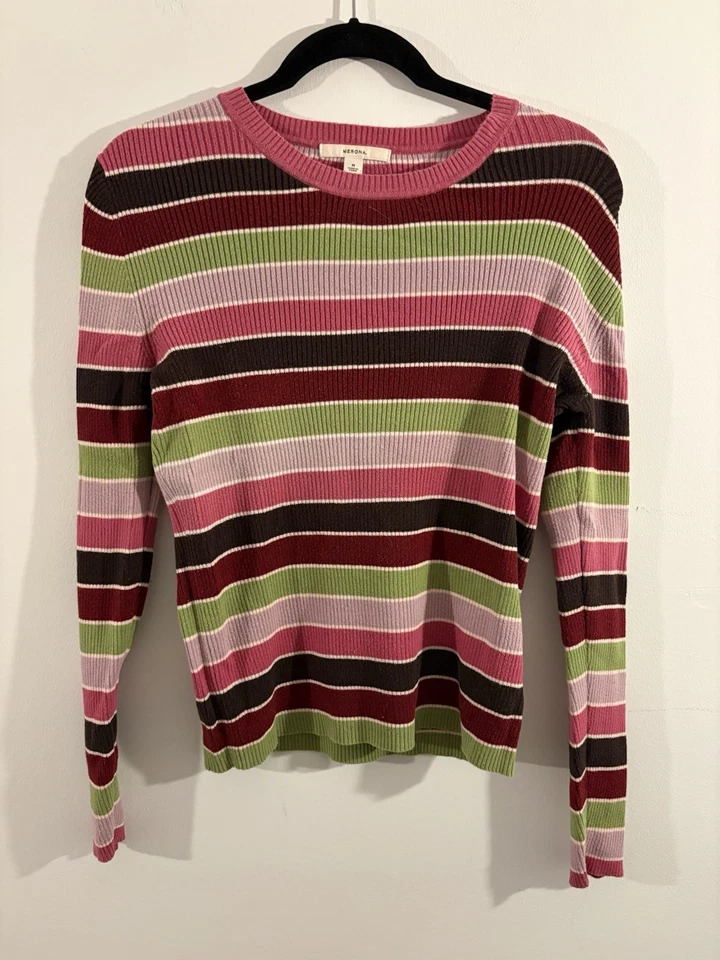 Suéter a Rayas Merona - Rosa Rojo Verde Marrón Rayas - Mujer’s M - Mezcla de Algodón Foto 1 de 4