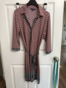 Max Edition Multicolor Geo Print Button 3/4 Sleeve Belted Shirt Dress M Red Blue - Picture 1 of 8
