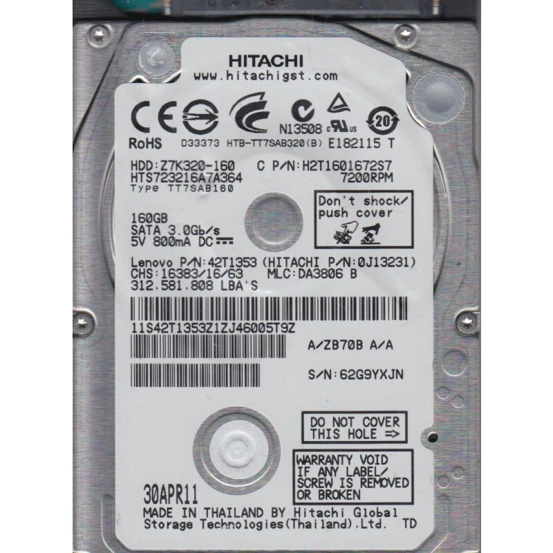 160GB SATA 2.5" 7mm 7200RPM HDD - HTS723216A7A364 - Image 1 of 1
