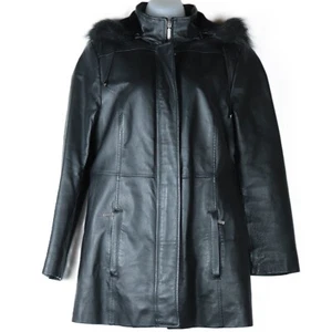 Croft & Barrow Women's Leather Coat Size M - Black with Removable Faux Fur Hood - Picture 1 of 9