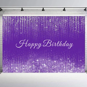 Fondo fotográfico de vinilo púrpura feliz cumpleaños confeti plateado de 10x8 pies - Imagen 1 de 11