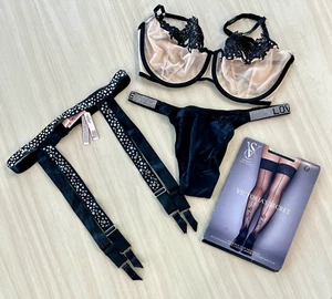 4-teiliges Victoria's Secret Dessous-Paket neu mit Etikett (BH, Höschen, Strumpfgürtel, Strümpfe) - Bild 1 von 10