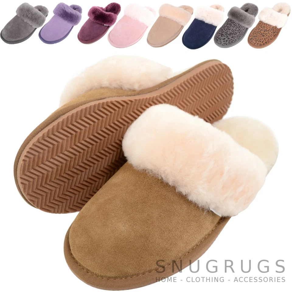 SNUGRUGS Ladies Womens Full Sheepskin Slipper Mule Sheepskin Cuff Rubber Sole