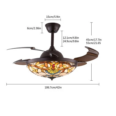 Tiffany Ceiling Fan with Light Glass Shade , LED Retractable Chandelier Stained  - Image 1 of 4