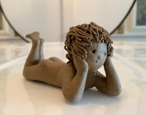 Whimsical clay boy figurine, unglazed sculpture ideal for office desk/bookshelf - Picture 1 of 6