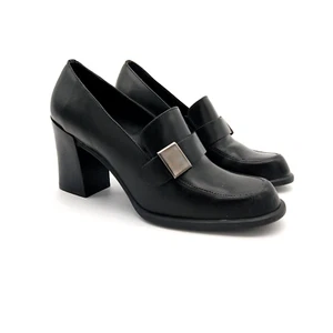 Vintage Y2K Hillard & Hanson Heeled Oxfords Size 7.5 Black Leather Chunky Heel - Picture 1 of 6