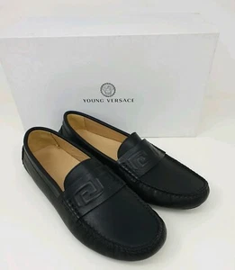 YOUNG VERSACE Leather Moccasins Loafers Shoes with Greca Trim- Black -UK 7/EU 40 - Picture 1 of 10