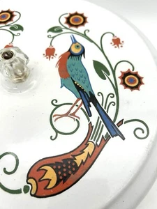 Large 12” Vintage Enamelware Cake Cover Glass Knob Bird And Floral Design - Picture 1 of 6