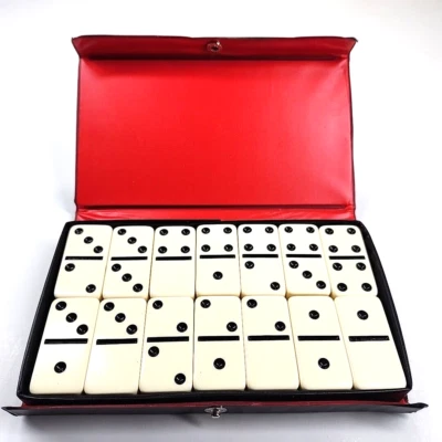 Vtg Double Six Jumbo Dominoes Set Of 28 Ivory Black Vinyl Case Instructions 2" - Image 1 of 4