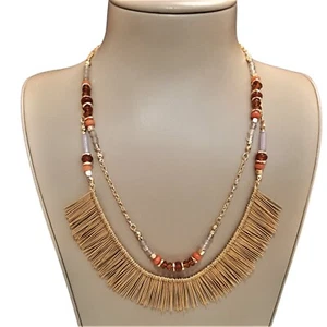 Anthropologie Women's Fringe Stone Layer Statement Necklace Gold/ Orange  NWT - Picture 1 of 4