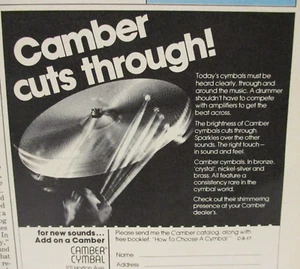 Camber Cymbal Drum Cymbals 1978 stampa vintage pubblicità Lynbrook NY quarto di pagina 4x4 - Foto 1 di 1