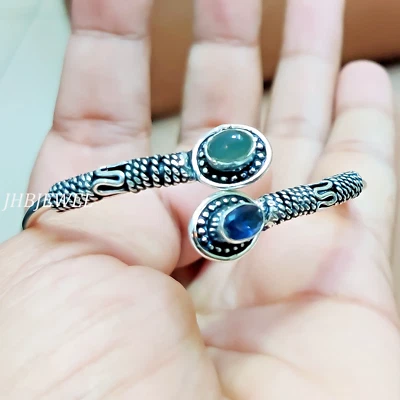 Labradorite & Tanzanite Gemstone 925 Sterling Silver Bangle Cuff Birthday Gift - Image 1 of 4