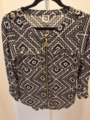 Top Anne Klein blanco y negro geométrico cremallera completa lengüetas enrolladas nuevo con etiquetas S para mujer $79 Foto 1 de 4