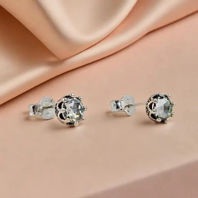 Clear Sparkling Crown Stud Earrings, Handcrafted Small Earrings For Her. - Image 1 of 4