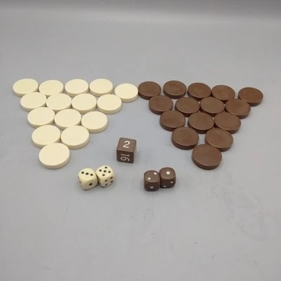 Vintage Backgammon Pieces Chips, And Dice Brown And White - Image 1 of 4
