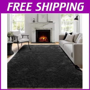 Luxurious Black Shaggy Rug - Soft Fuzzy Area Rug for Bedroom - Picture 1 of 11