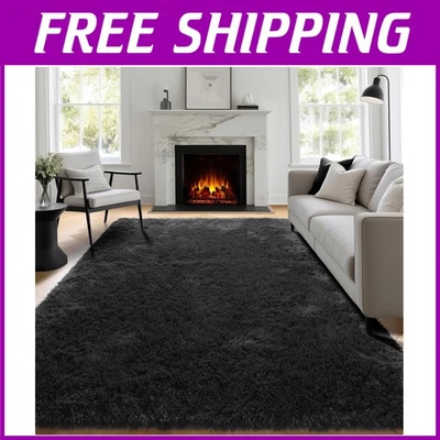 Luxurious Black Shaggy Rug - Soft Fuzzy Area Rug for Bedroom - Image 1 of 4