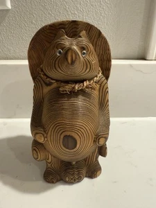 Vintage Shou Sugi Ban Japanese Tanuki Keyaki Wood Figurine Racoon Dog Hand Carve - Picture 1 of 11