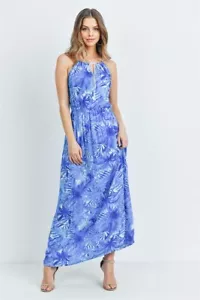 Blue and White Floral Sleeveless Maxi Dress Size Medium Summer Tropical Travel - Picture 1 of 2
