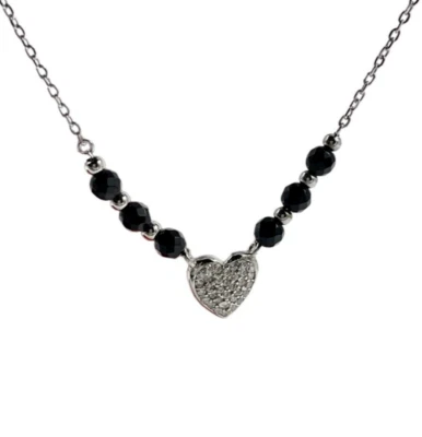 Collana femminile cuore puntiluce brillanti e perline nere briolè in argento 925 - Immagine 1 di 4