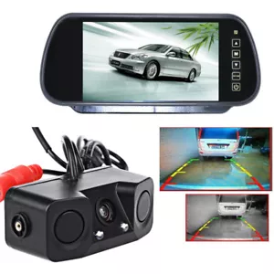 7" Car Reverse Rear View Mirror Monitor + 3 In 1 Backup Camera & Radar Sensor - Picture 1 of 12