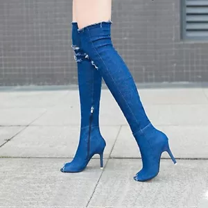 CoolBao Denim Thigh High Peep Toe Boots, Bright Blue, sz 8.5M - Picture 1 of 17
