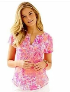 LILLY PULITZER Duval V-Ausschnitt 100 % Leinen Top freche Melone Regelbrecher Large 128 $ - Bild 1 von 14